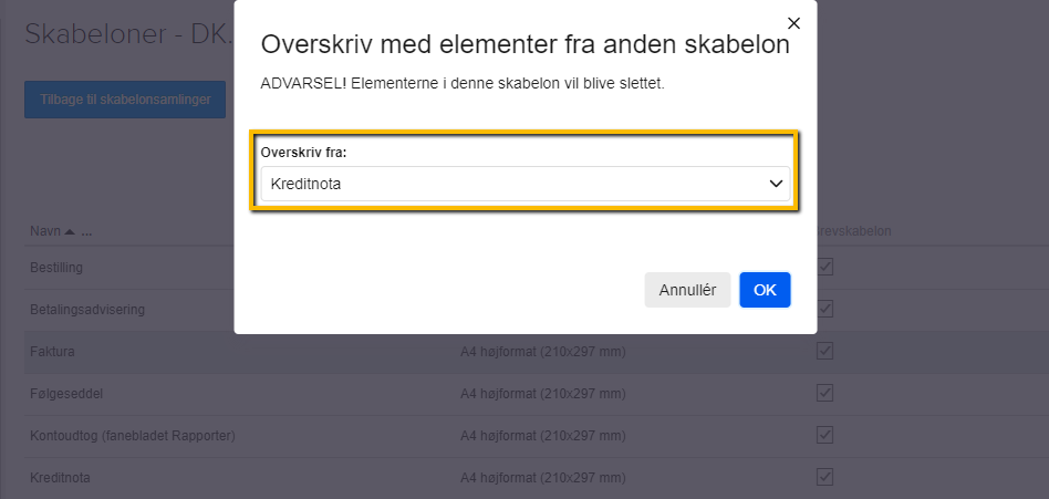 Viser dropdown-menuen i dialogboksen 'Overskriv med elementer fra anden skabelon' – bruges til at vælge den skabelon, hvis elementer skal kopieres.
