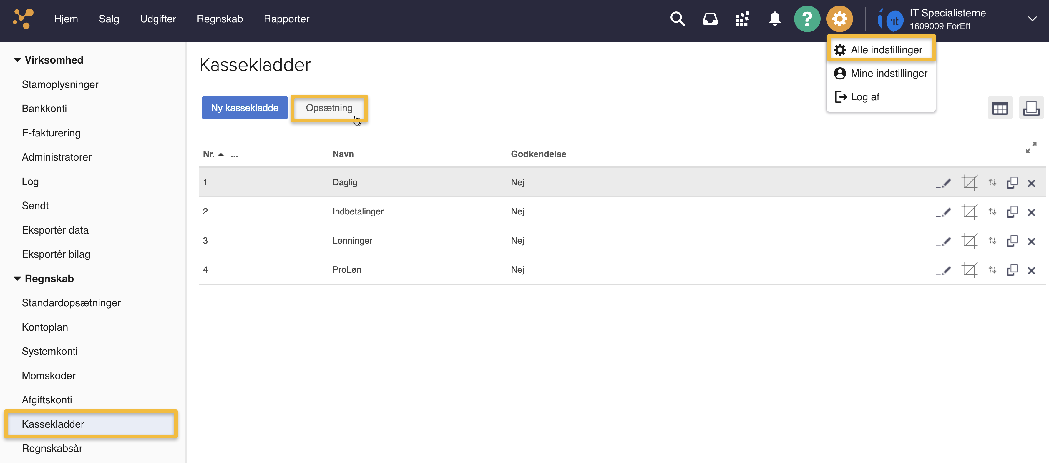Viser knappen 'Opsætning' i Kassekladder-oversigten – bruges til at vælge den kassekladde, som indbetalinger fra PBS/Nets overføres til.