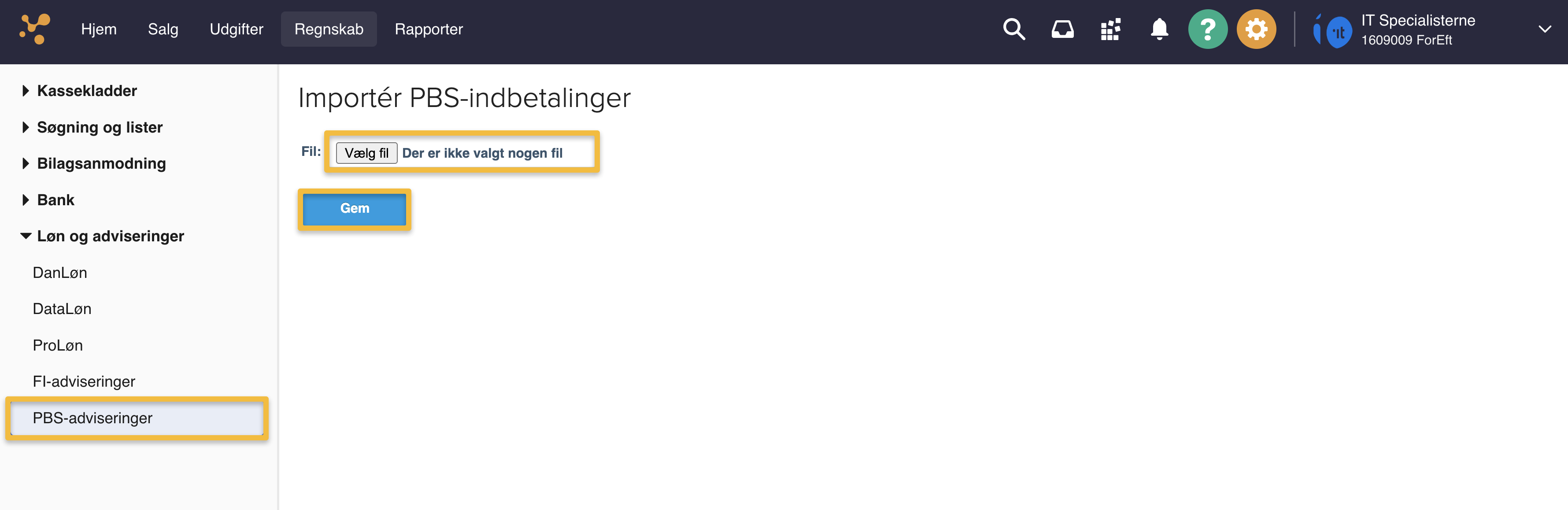 Viser import af PBS-indbetalinger i menuen PBS-adviseringer – bruges til at uploade en betalingsfil fra PBS/Nets.