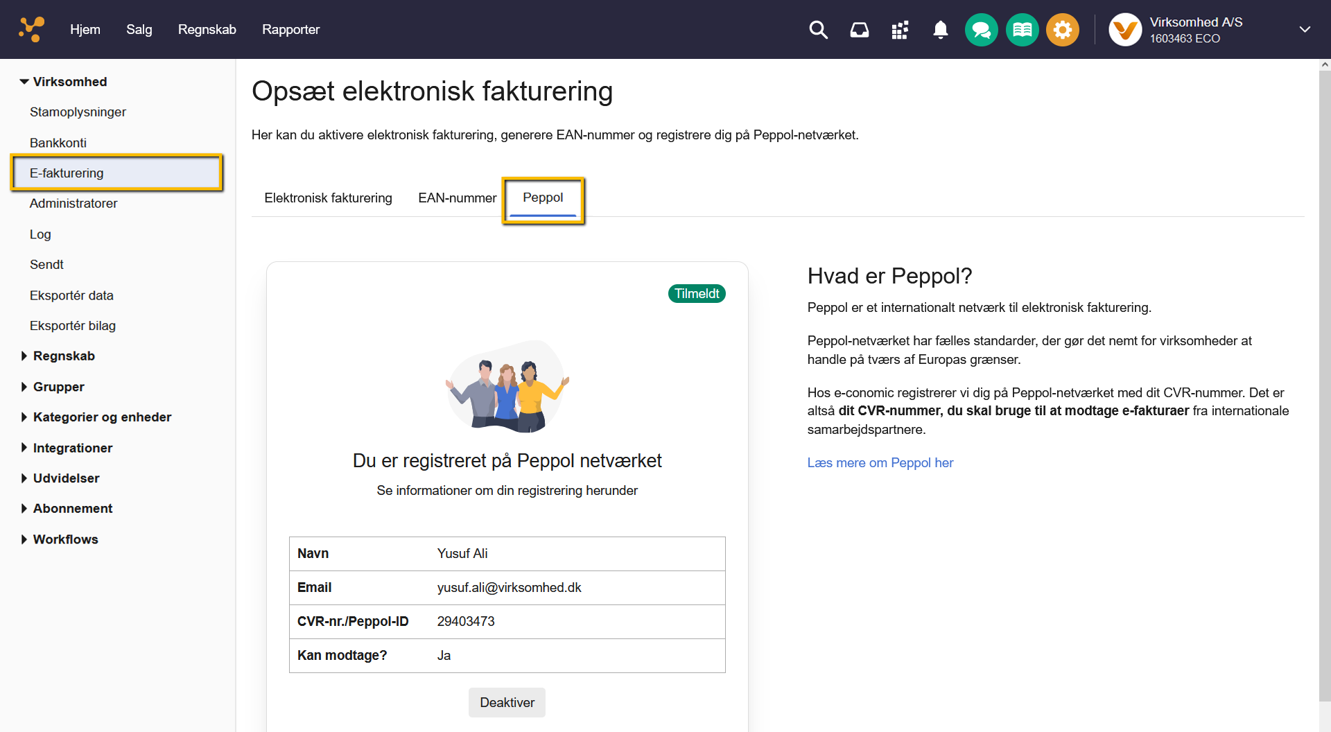 Viser en aktiv Peppol-registrering i fanen Peppol under E-fakturering – bruges til at se sin registreringsstatus og finde sit Peppol-ID.