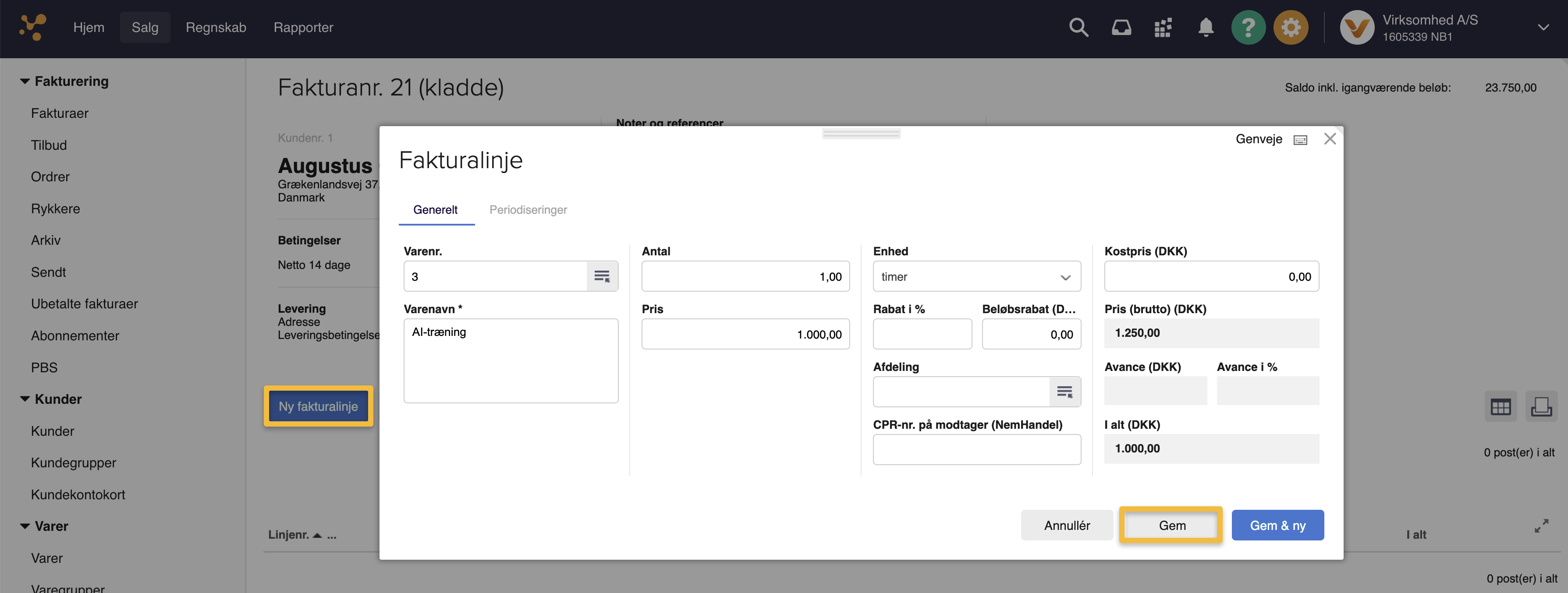 Viser fanen 'Generelt' på en fakturalinje i Fakturering – bruges til at indtaste oplysninger om varen, der skal periodiseres.