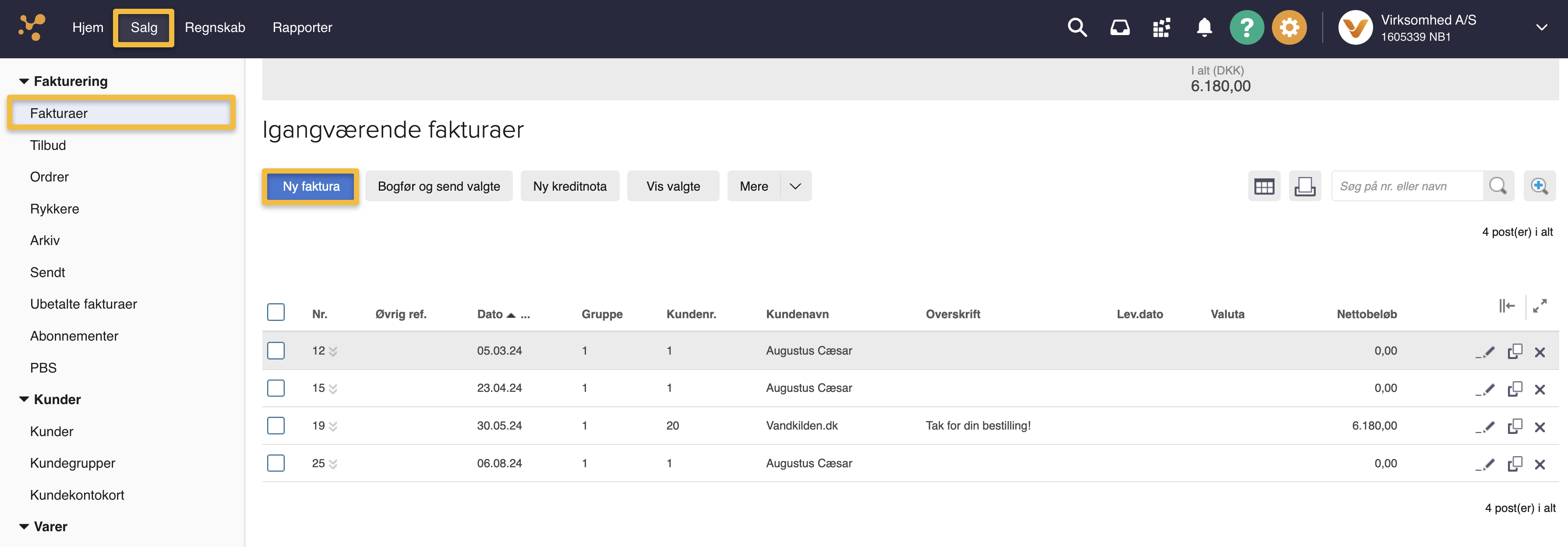 Viser fakturaoversigten i Salgsfanen – bruges til at oprette en ny faktura, der skal periodiseres.
