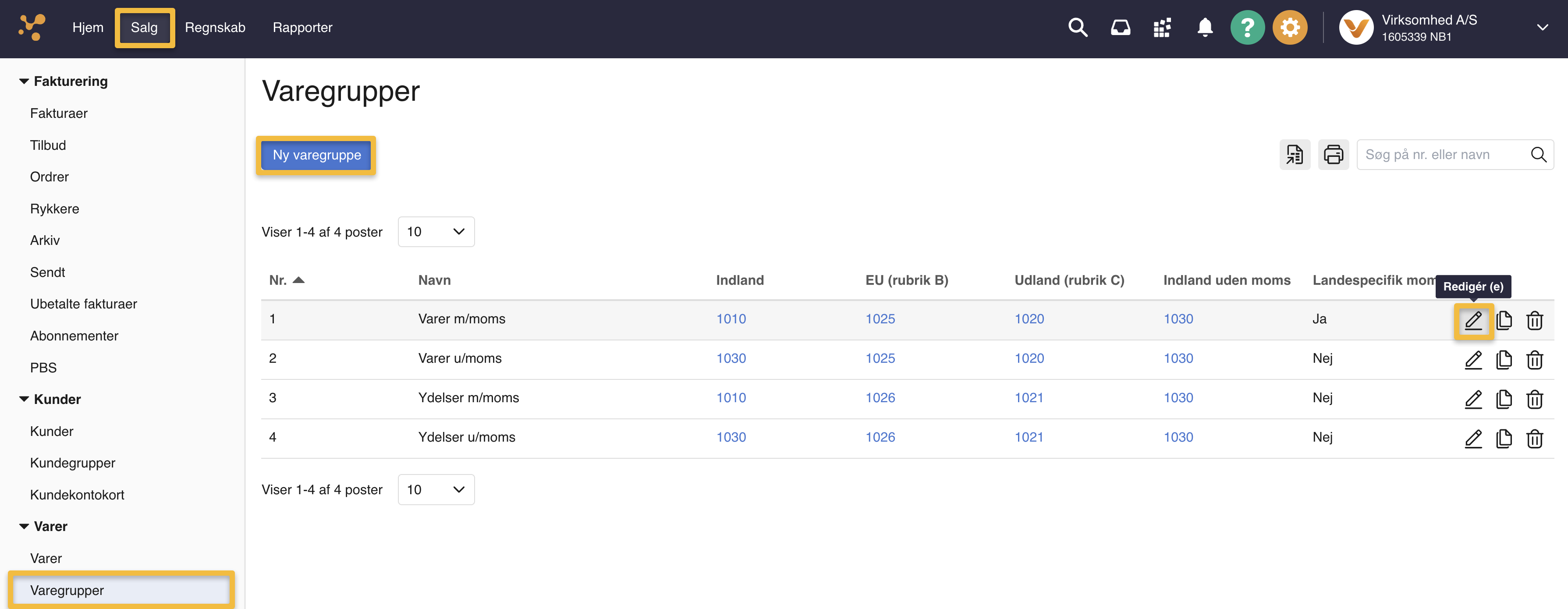 Viser varegruppeoversigten i Salg-modulet – bruges til at redigere eller oprette en varegruppe.