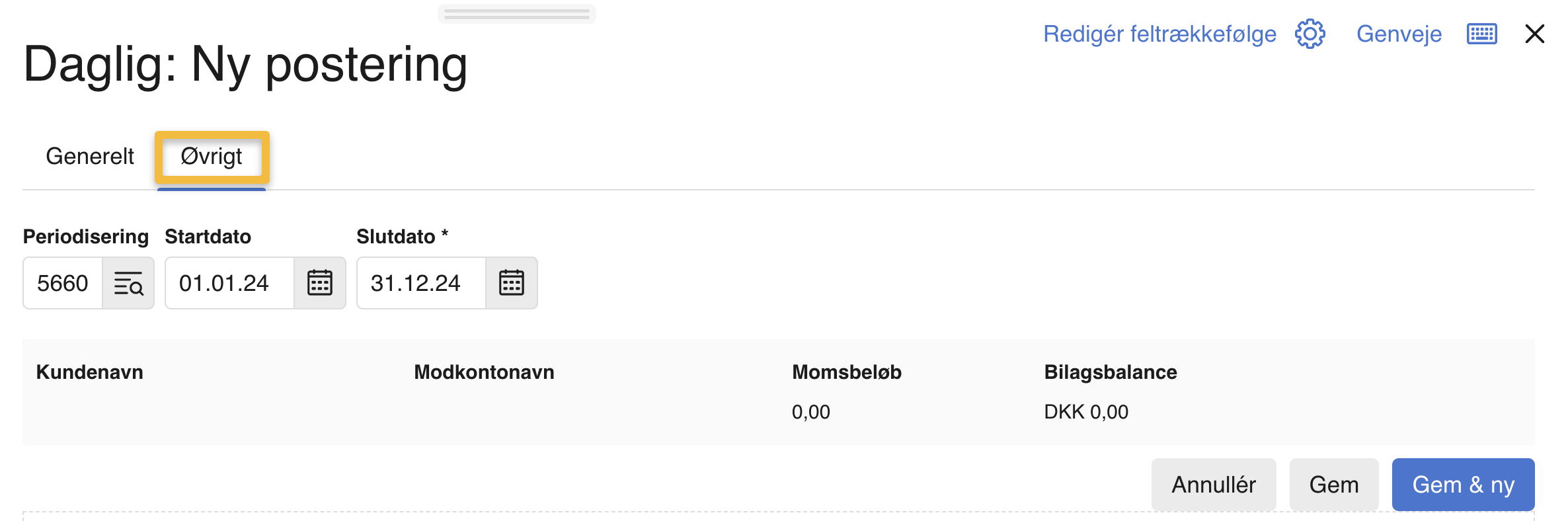 Viser fanen 'Øvrigt' i en ny postering i kassekladden – bruges til at tilføje periodisering på en manuel kundefaktura.
