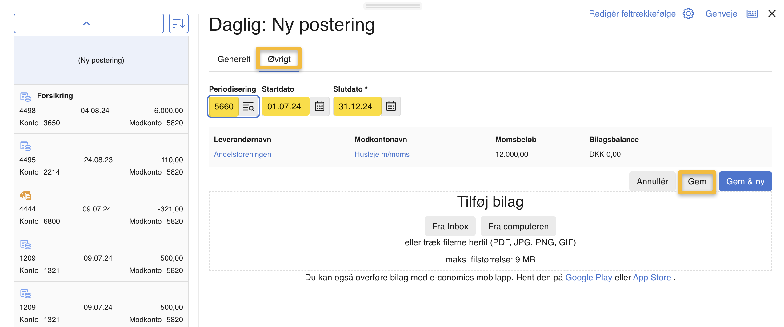 Viser fanen Øvrigt med periodiseringsfelter i en ny postering i en kassekladde – bruges til at aktivere periodisering på en leverandørfaktura.
