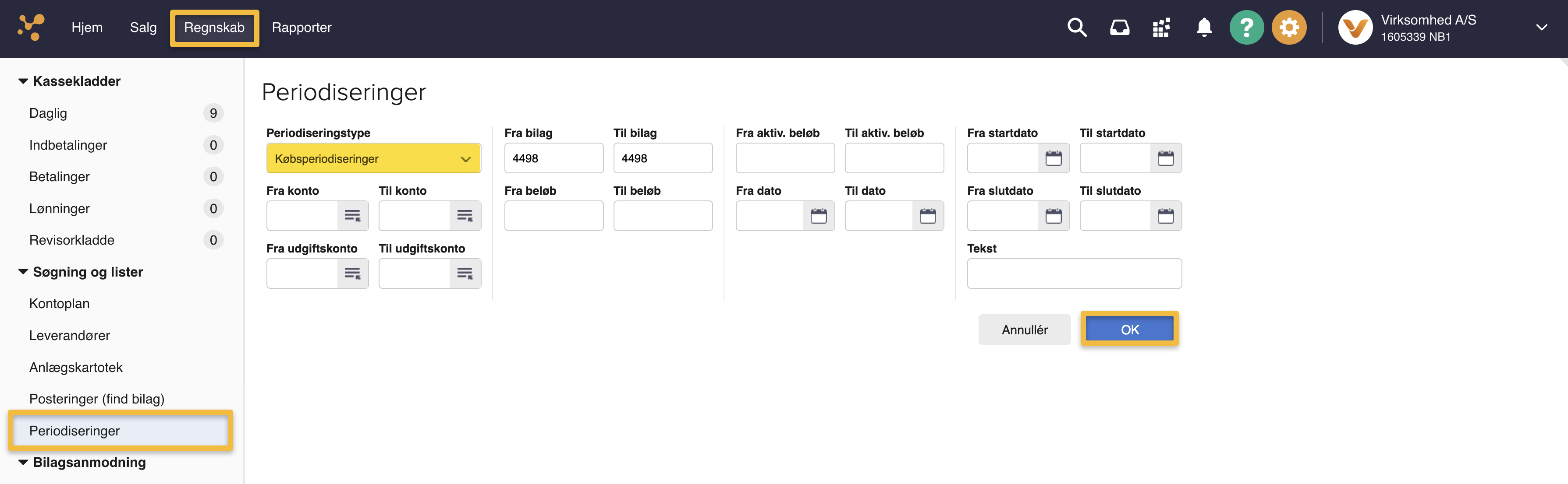 Viser søgesiden for periodiseringer i Regnskab – bruges til at finde aktiverede periodiseringer.