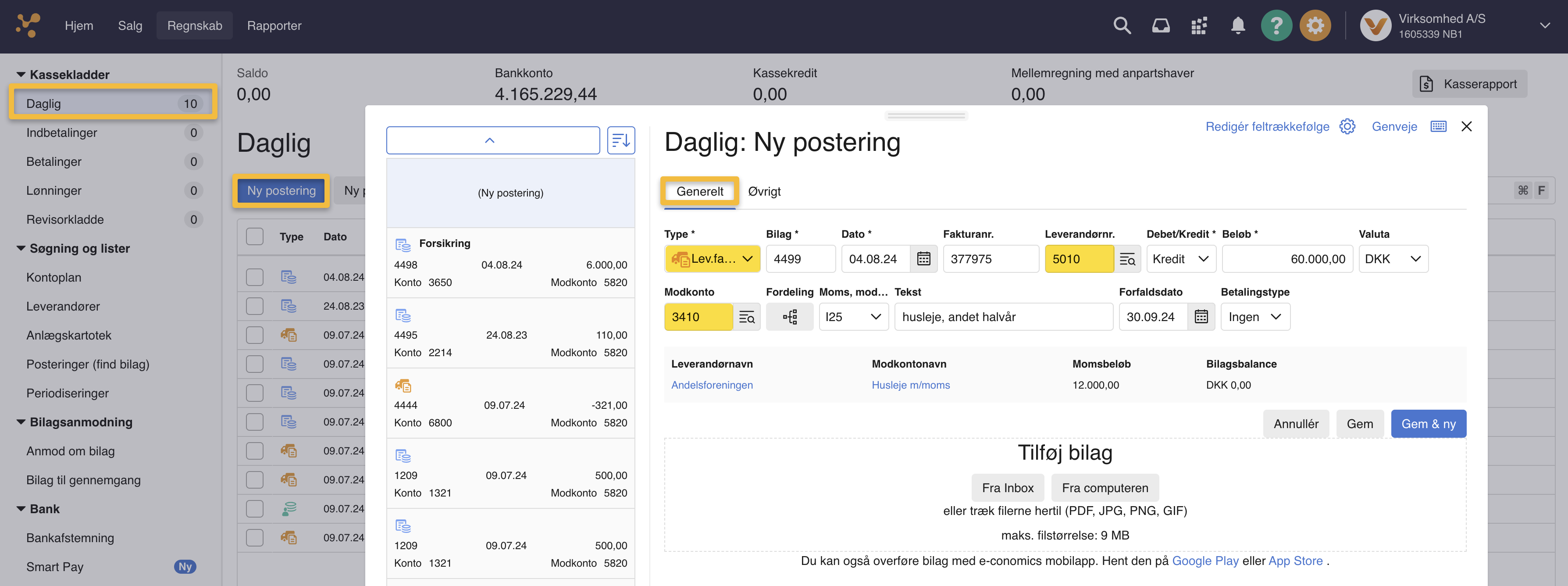Viser udfyldelse af fanen 'Generelt' for en ny leverandørfaktura i en kassekladde – bruges til at registrere den oprindelige udgift før periodisering.