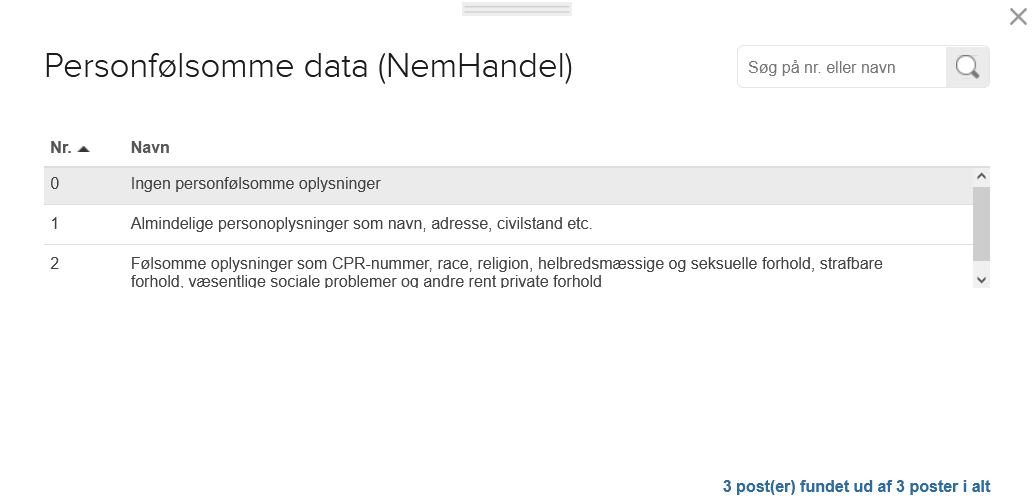 Viser listen over typer af personfølsomme data på en faktura – bruges til at vælge den korrekte kategori for information til en NemHandel-faktura.