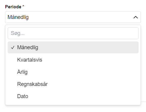 Viser dropdown-menuen "Periode" i rapporten Saldobalance – bruges til at vælge, hvilken periode rapporten skal opdeles efter.