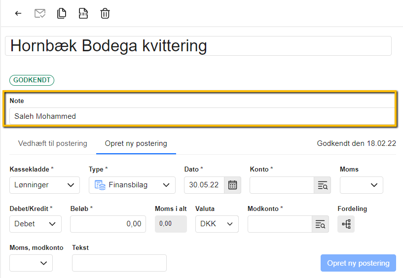 Viser notefeltet på et bilag i Indbakken – bruges til at tilføje søgbare personoplysninger på bilaget.