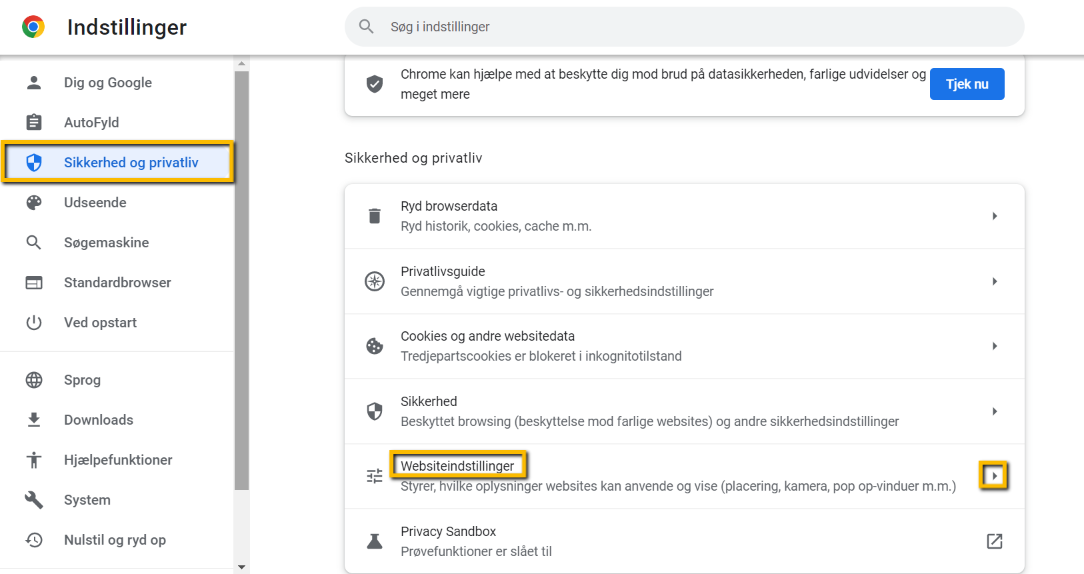Viser menupunktet "Websiteindstillinger" i Google Chromes "Sikkerhed og privatliv"-sektion – bruges til at tilgå indstillinger for pop op-vinduer.