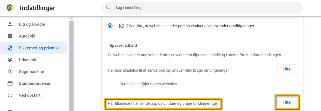 Viser knappen 'Tilføj' i Google Chromes indstillinger for pop op-vinduer – bruges til at tilføje et website, der har tilladelse til at sende pop op-vinduer.
