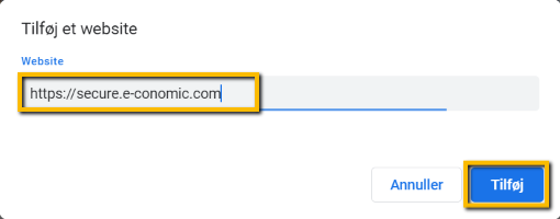 Viser indtastning af e-conomics webadresse og 'Tilføj'-knappen i Google Chromes indstillinger for pop op-vinduer – bruges til at tillade pop op-vinduer fra e-conomic.