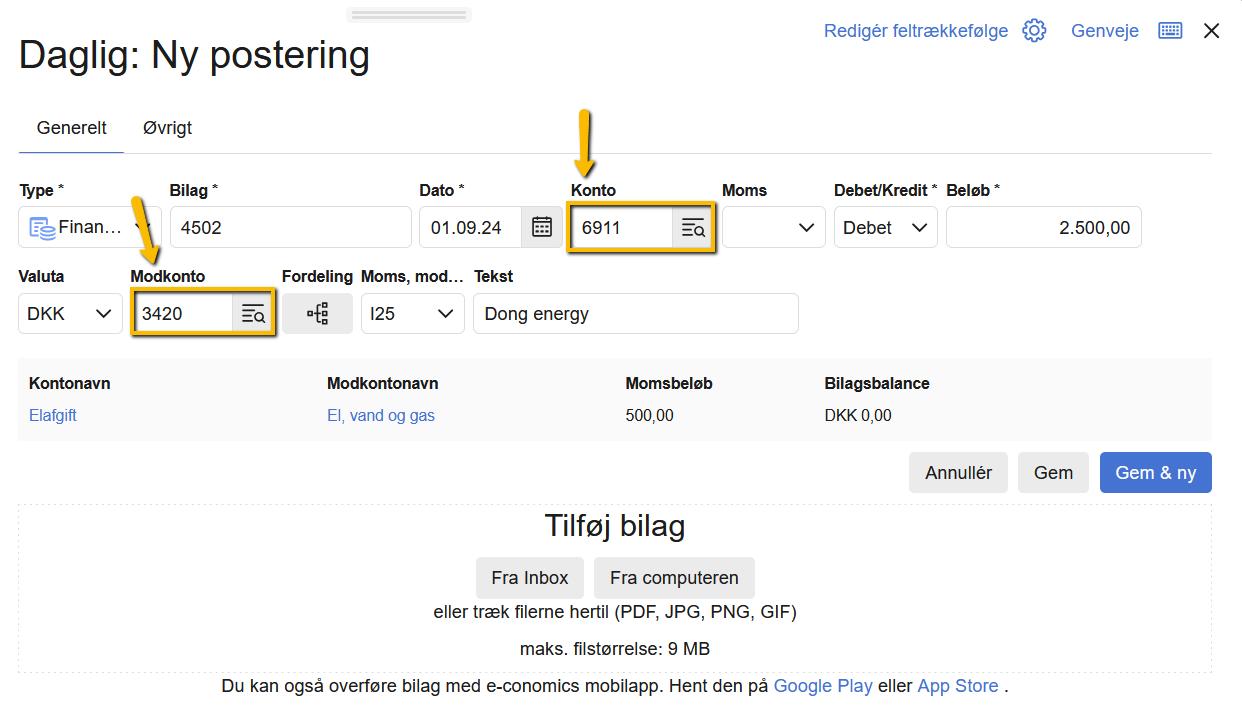 Viser indtastning af konto og modkonto i en ny postering – bruges til at oprette et finansbilag for en afgift.