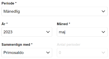 Viser periodefelterne i rapporten Saldobalance – bruges til at definere en periode og sammenligne den med primosaldoen.