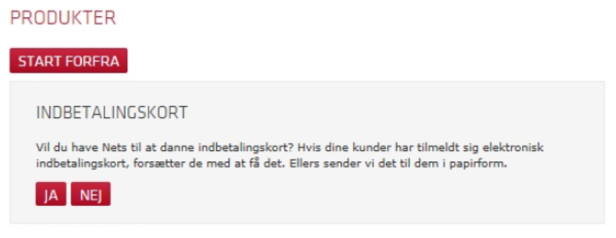 Viser spørgsmål om indbetalingskort i opsætningen af Nets – bruges til at vælge, om Nets automatisk skal danne indbetalingskort.