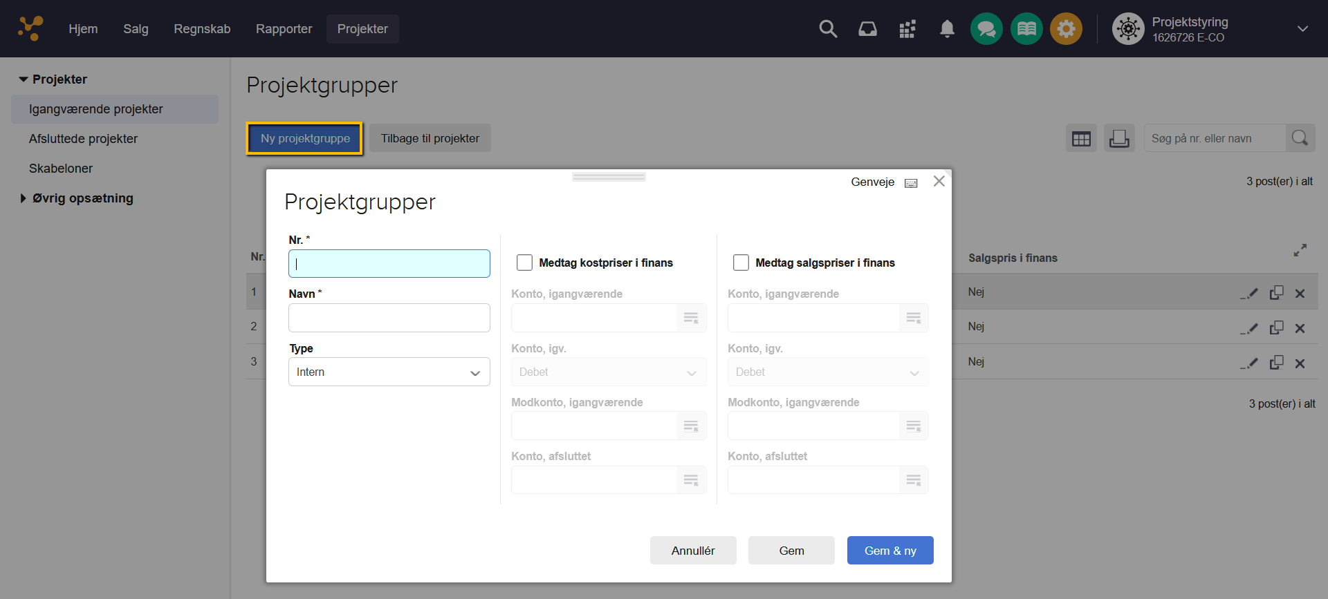 Viser oprettelsesvinduet for en ny projektgruppe i Projektstyring – bruges til at indtaste gruppens detaljer og gemme.