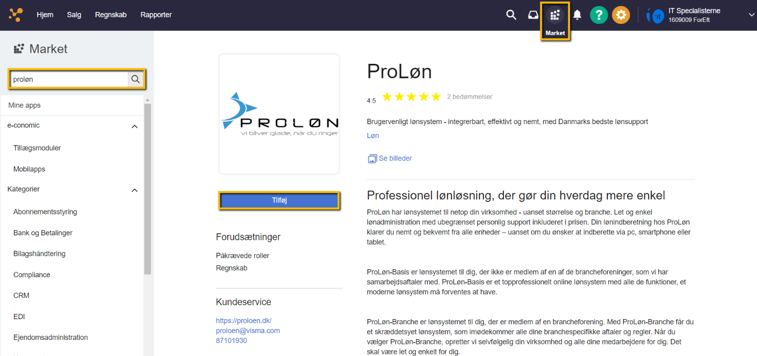 Viser Tilføj-knappen for ProLøn i Market – bruges til at tilføje appen til e-conomic.