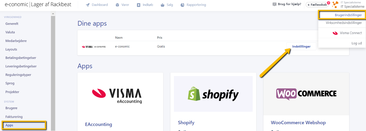 Viser knappen 'Indstillinger' for e-conomic-appen i Rackbeat – bruges til at tilgå opsætningen af kundefakturaer.