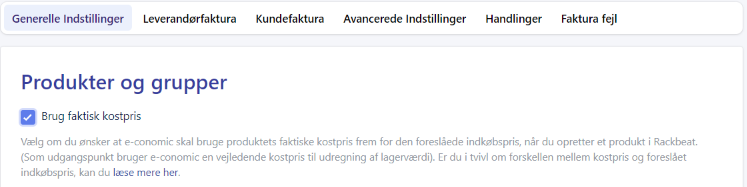 Viser afkrydsningsfeltet "Brug faktisk kostpris" i indstillingerne for Rackbeat-integrationen – bruges til at vælge, at e-conomic skal bruge produktets faktiske kostpris frem for den foreslåede indkøbspris.