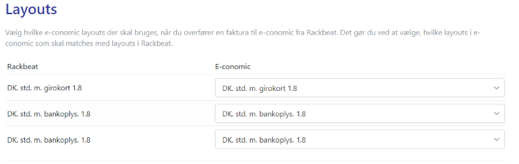 Viser matchning af layouts i Rackbeat-integrationen – bruges til at vælge hvilket e-conomic-layout, der skal anvendes på fakturaer fra Rackbeat.