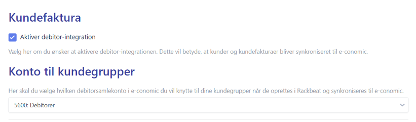 Viser indstillinger for debitor-integration i Rackbeat – bruges til at aktivere integrationen og knytte kundegrupper til en debitorsamlekonto i e-conomic.