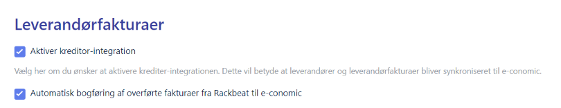 Viser afkrydsningsfelter i opsætningen af Rackbeat-integrationen – bruges til at aktivere kreditor-integration og automatisk bogføring af leverandørfakturaer.