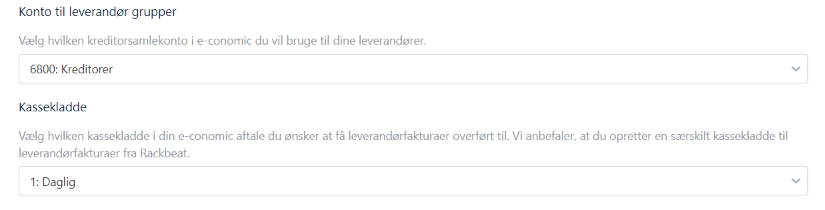 Viser valg af konto til leverandørgrupper og kassekladde i Rackbeat-integrationen – bruges til at definere, hvor leverandørfakturaer overføres til i e-conomic.