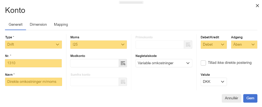 Viser oprettelse af en ny konto i Kontoplan – bruges til at opsætte kontoplanen til synkronisering.