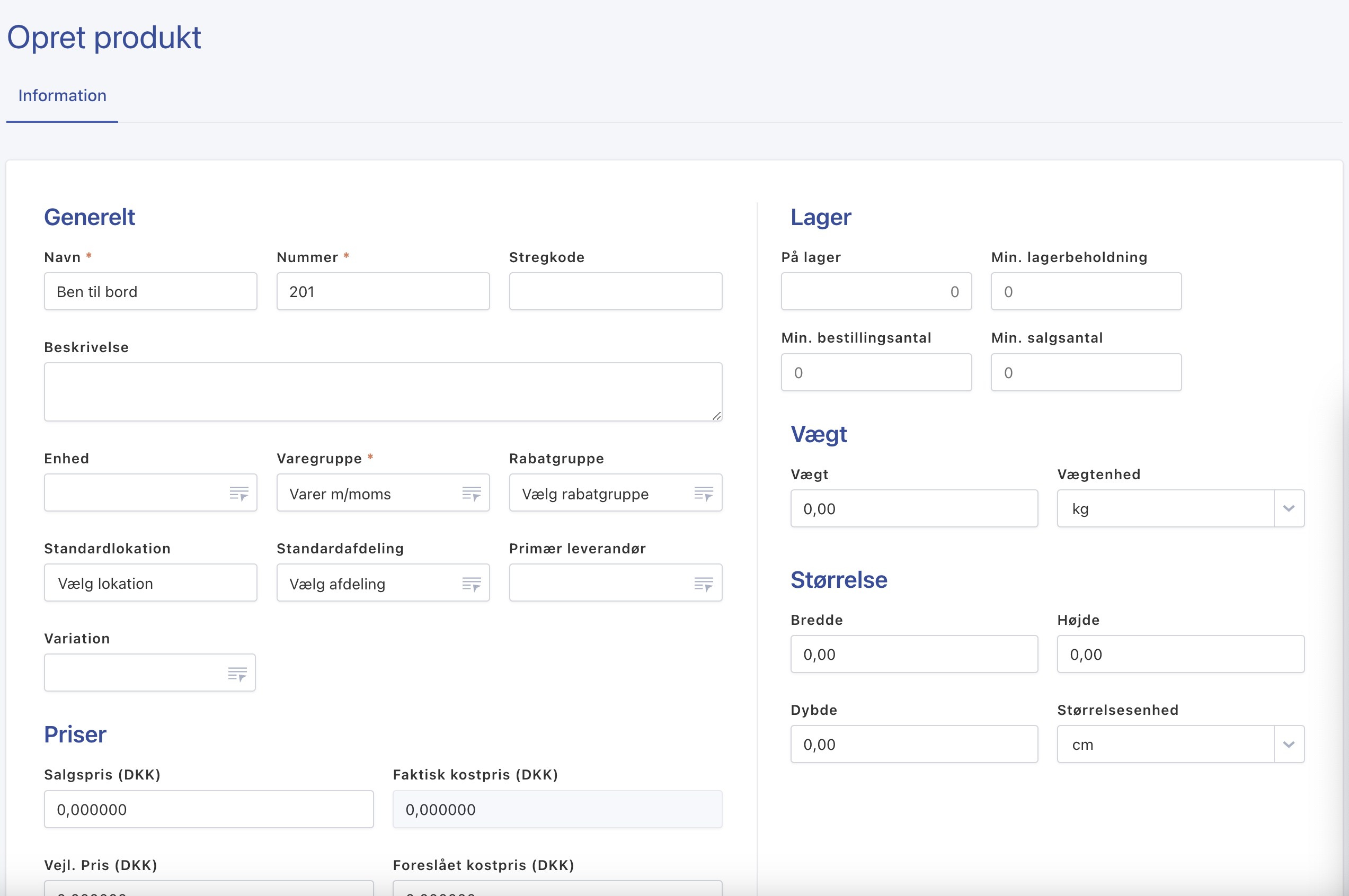Viser formularen til oprettelse af et produkt i Rackbeat – bruges til at oprette en ny vare ved at udfylde informationer som navn, nummer, priser og lagerstatus.