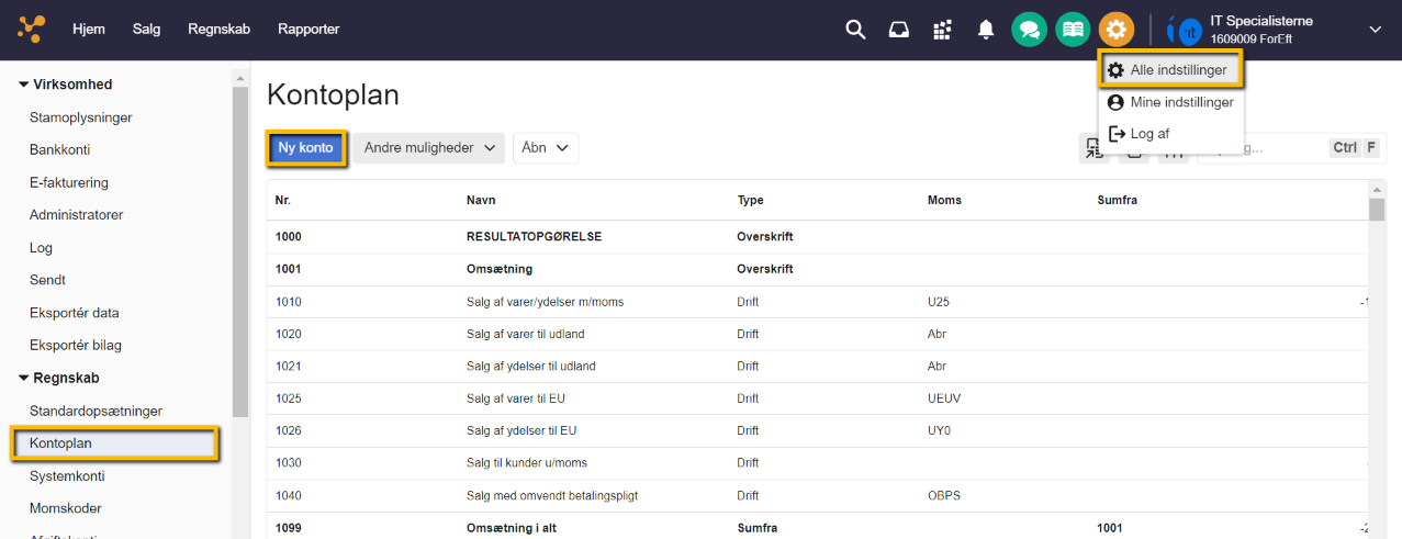 Viser knappen 'Ny konto' i Kontoplanen – bruges til at oprette en ny konto.