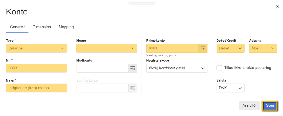 Viser oprettelse af en ny konto i Kontoplanen – bruges til at opsætte en konto til en momskode for synkronisering.