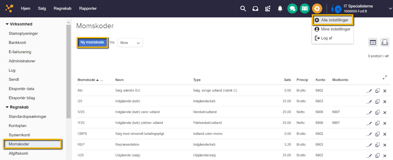 Viser knappen "Ny momskode" i Momskoder – bruges til at oprette en ny momskode.