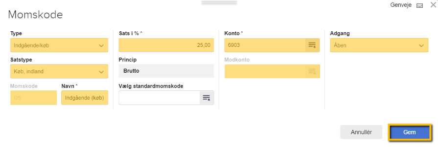 Viser oprettelse af en ny momskode i regnskabsindstillingerne – bruges til at klargøre kontoplanen til synkronisering.