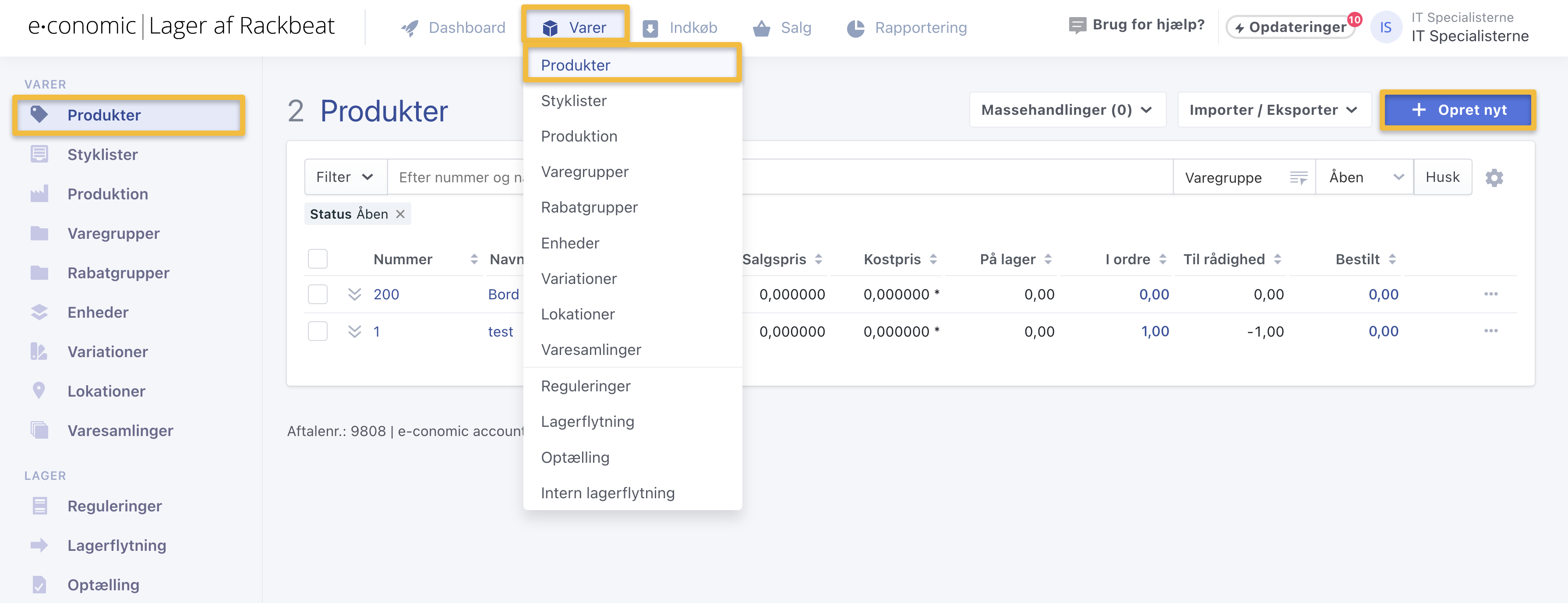 Viser navigationsstien til produktlisten og knappen 'Opret nyt' i Rackbeat – bruges til at oprette en ny vare.