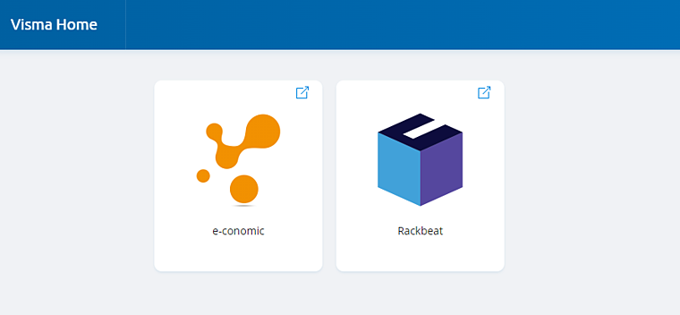 Viser applikations-ikonerne for e-conomic og Rackbeat i Visma Home – bruges til at navigere mellem regnskabsprogrammet og det integrerede lagersystem.