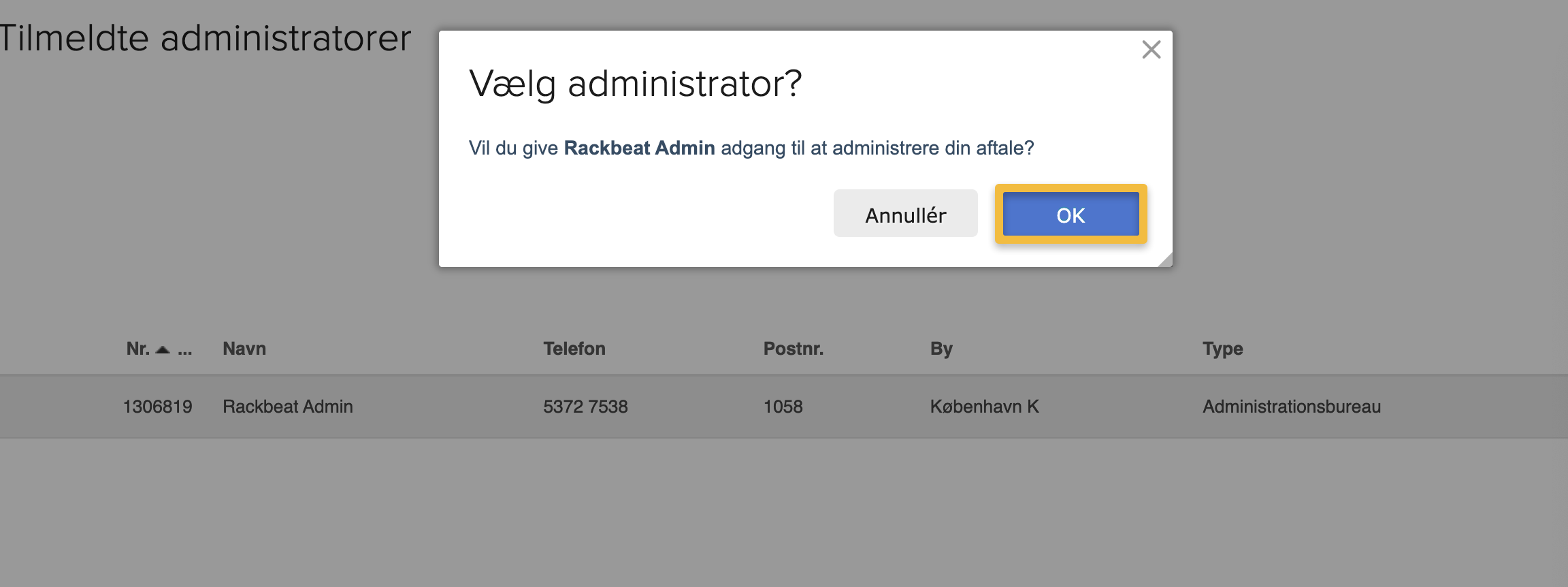Viser bekræftelsesvinduet for administratoradgang i Tilmeldte administratorer – bruges til at give Rackbeat Admin tilladelse til at administrere aftalen.