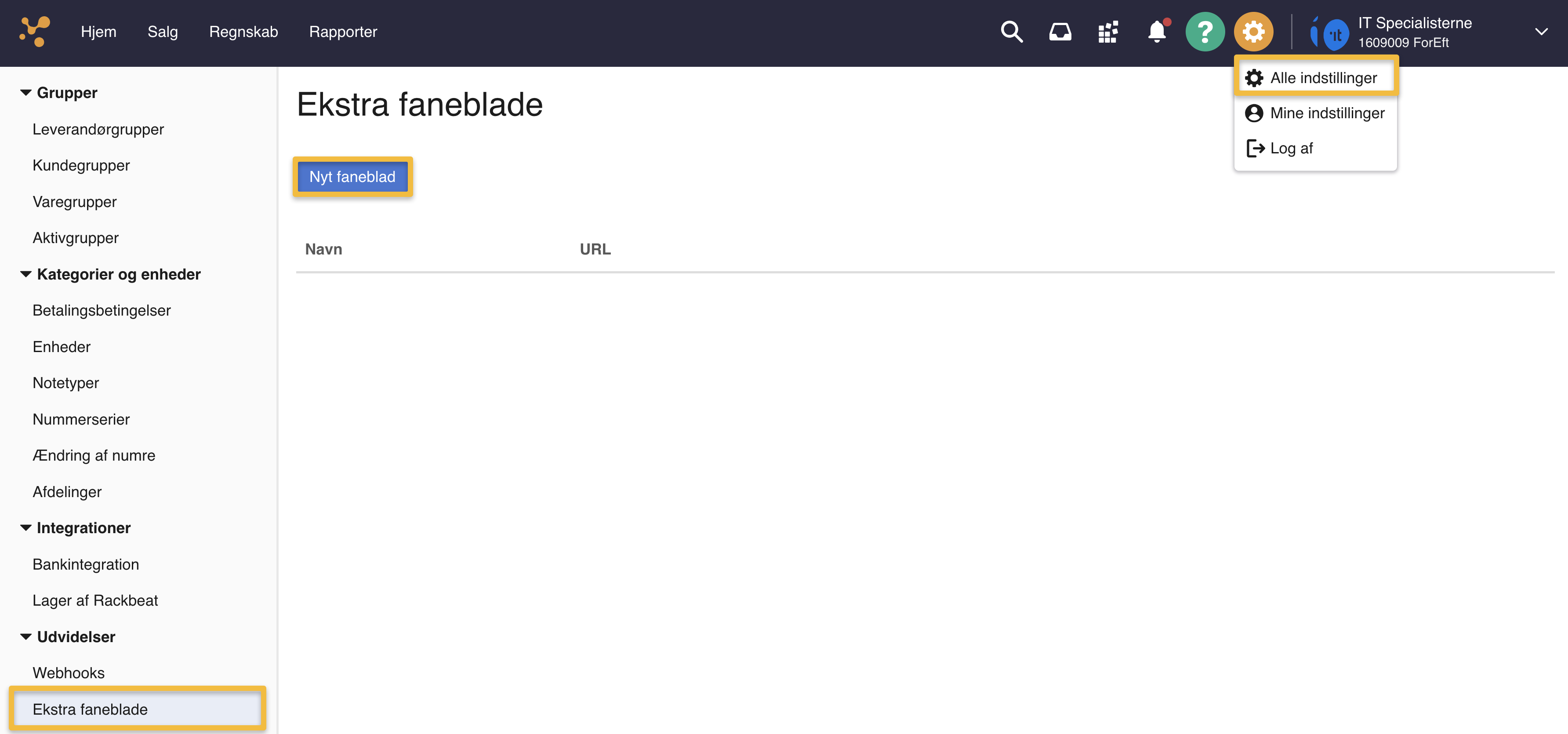 Viser funktionen Ekstra faneblade i Alle indstillinger – bruges til at oprette et nyt, brugerdefineret faneblad.
