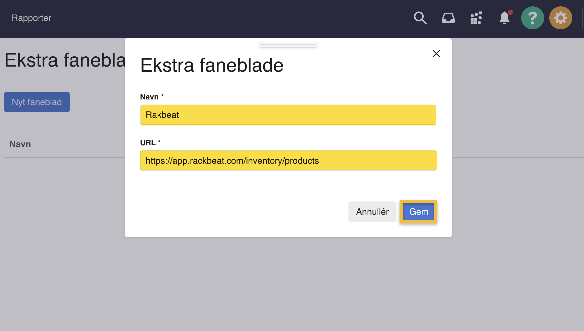 Viser dialogboksen til oprettelse af et nyt faneblad i 'Ekstra faneblade' – bruges til at tilføje Rackbeat for hurtig adgang.
