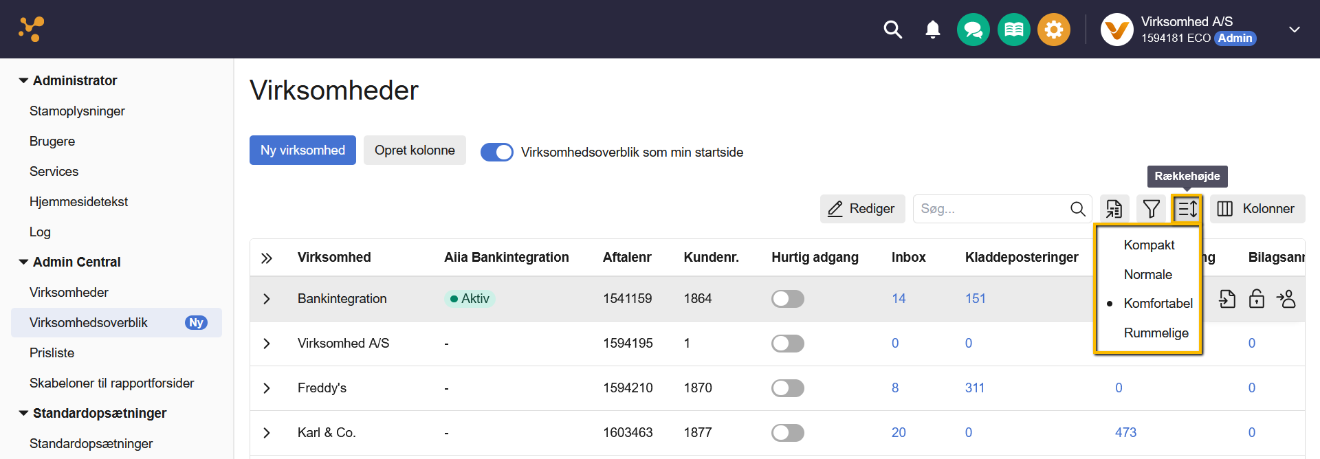 Viser menuen Rækkehøjde i Virksomhedsoverblik – bruges til at indstille rækkehøjden i oversigten.
