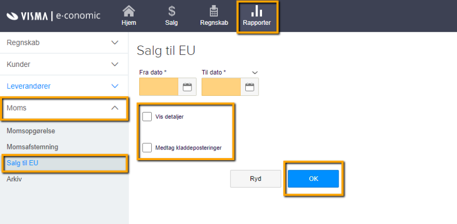 Viser søgekriterierne for rapporten Salg til EU i Rapporter-modulet – bruges til at angive et datointerval og andre valgmuligheder for at trække rapporten.