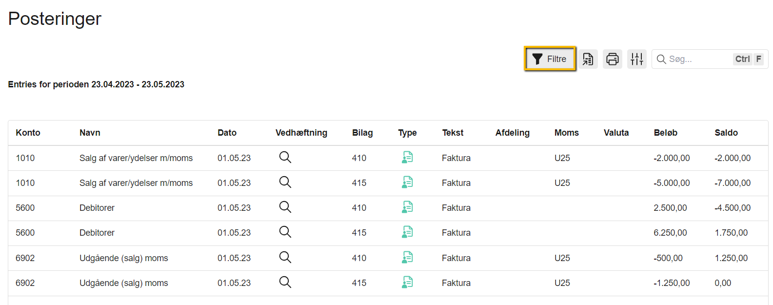 Viser Filtre-knappen i posteringsoversigten – bruges til at vise søgeområdet.
