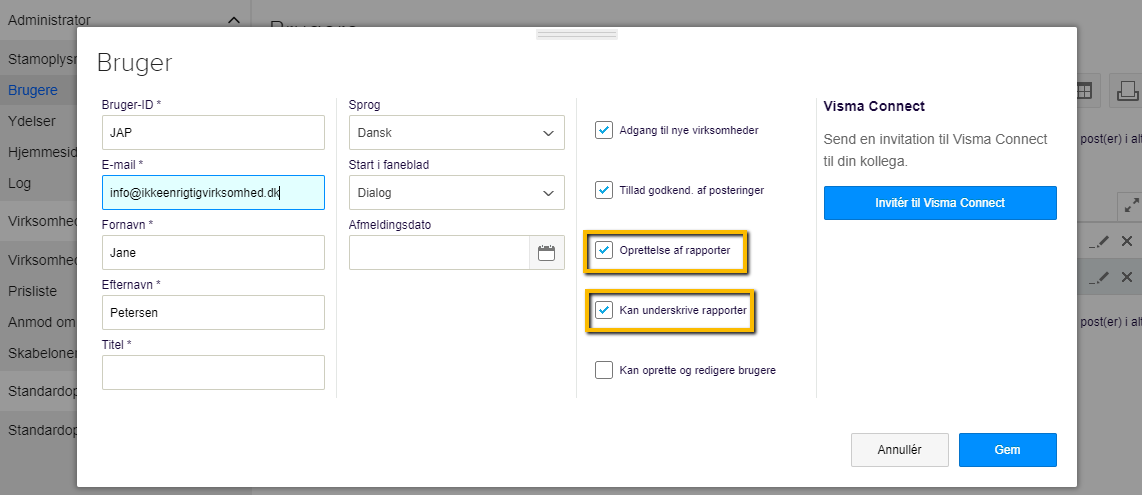 Viser afkrydsningsfelterne 'Oprettelse af rapporter' og 'Kan underskrive rapporter' i brugeropsætningen under Administrator – bruges til at give en bruger rettigheder til at benytte rapportforsider.