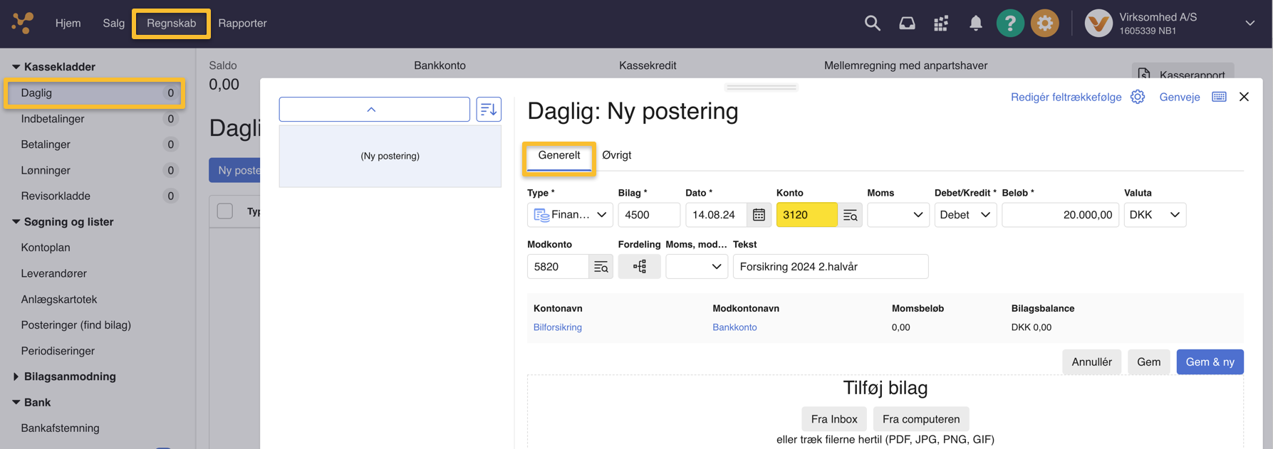 Viser en ny postering under fanen 'Generelt' i kassekladden – bruges til at bogføre en udgift, der skal tilknyttes en realiseringskonto.
