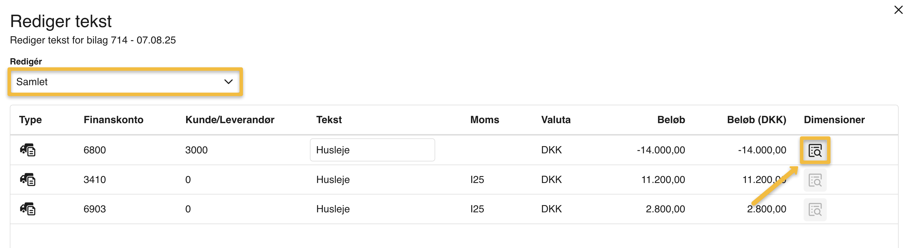 Viser Dimensioner-ikonet på en posteringslinje i vinduet 'Rediger tekst' – bruges til at tilføje en dimension til den enkelte posteringslinje.