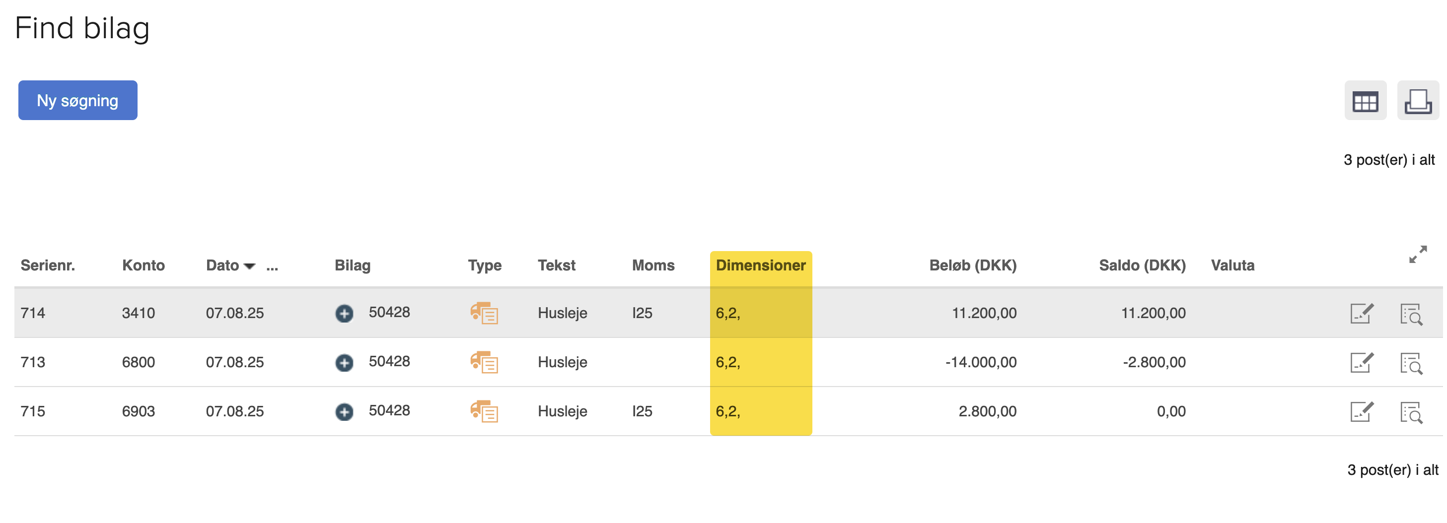 Viser en liste over posteringer med Dimensioner-kolonnen fremhævet i Posteringer (find bilag) – bruges til at få et overblik over en posterings dimension, før den redigeres.