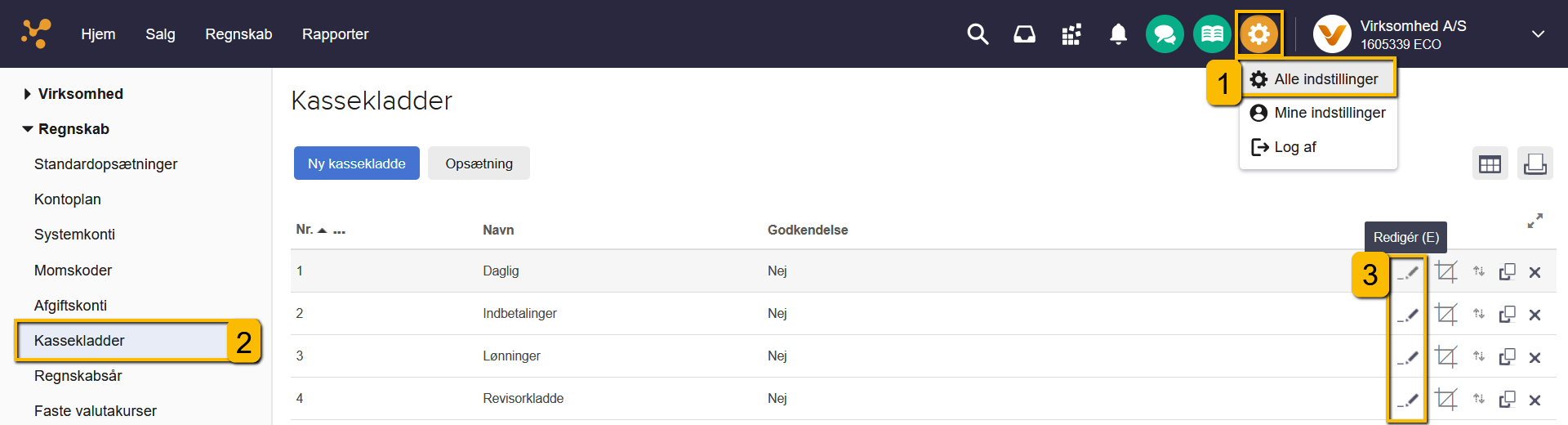 Viser stien til redigering af en kassekladde i indstillinger for kassekladder – bruges til at ændre navnet på kassekladden.