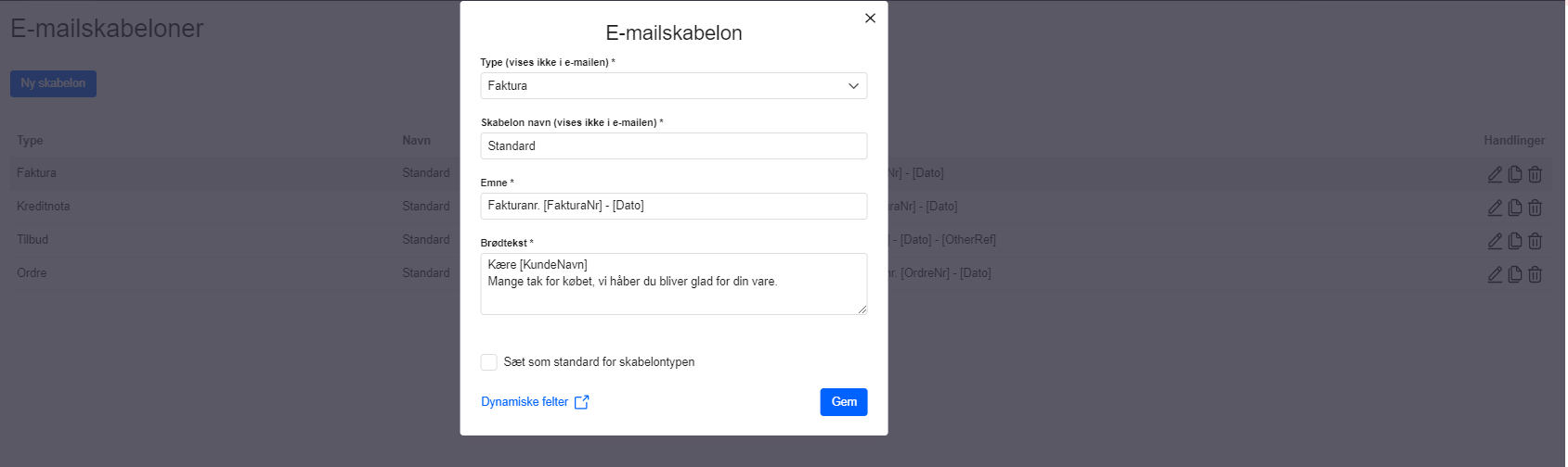 Viser redigeringsvinduet for en e-mailskabelon i E-mailskabeloner – bruges til at definere skabelonens navn, emne og brødtekst.