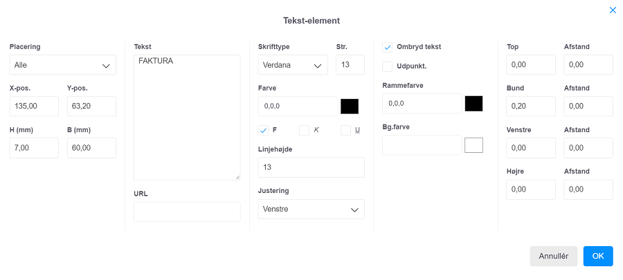 Viser dialogboksen Tekst-element i Design og layout – bruges til at redigere egenskaberne for et tekstelement i en skabelon.
