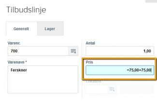 Viser en udregning i pris-feltet på en tilbudslinje – bruges til at udregne et beløb direkte i feltet.